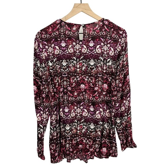 J. Jill Smocked Ikat Round Neck Tunic Blouse Top Purple Pink Small Boho Abstract - Picture 7 of 9